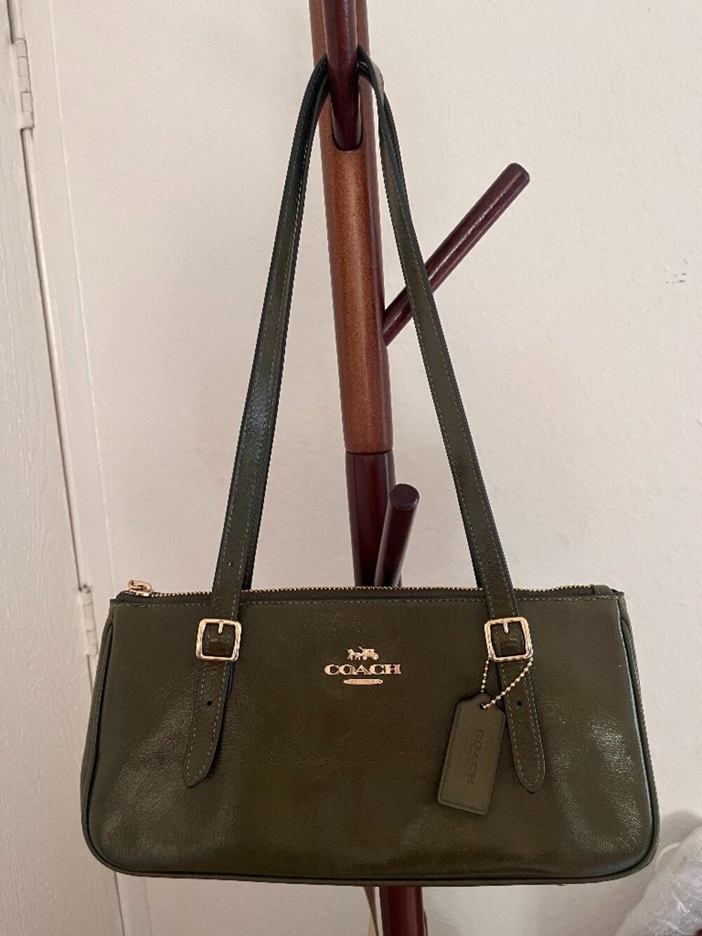 Coach Asher Glazed Leather Shoulder Bag - Olive Green